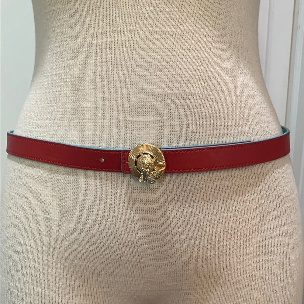 Red and turquoise reversible belt with gold bee buckle